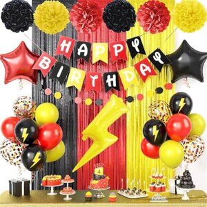 Red Yellow Black Birthday Party Decorations Balloons Banner Fringe Curtain Set